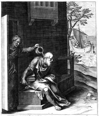Xanthippe pours water over Socrates' head, Η Ξανθίππη ρίχνει νερό στον υπομονετικό Σωκράτη